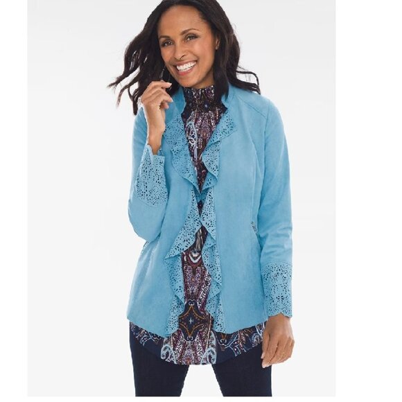 New Chico's Faux-Suede Perforated Drape Jacket Blue Size 3 (=XL/16) - Picture 1 of 7